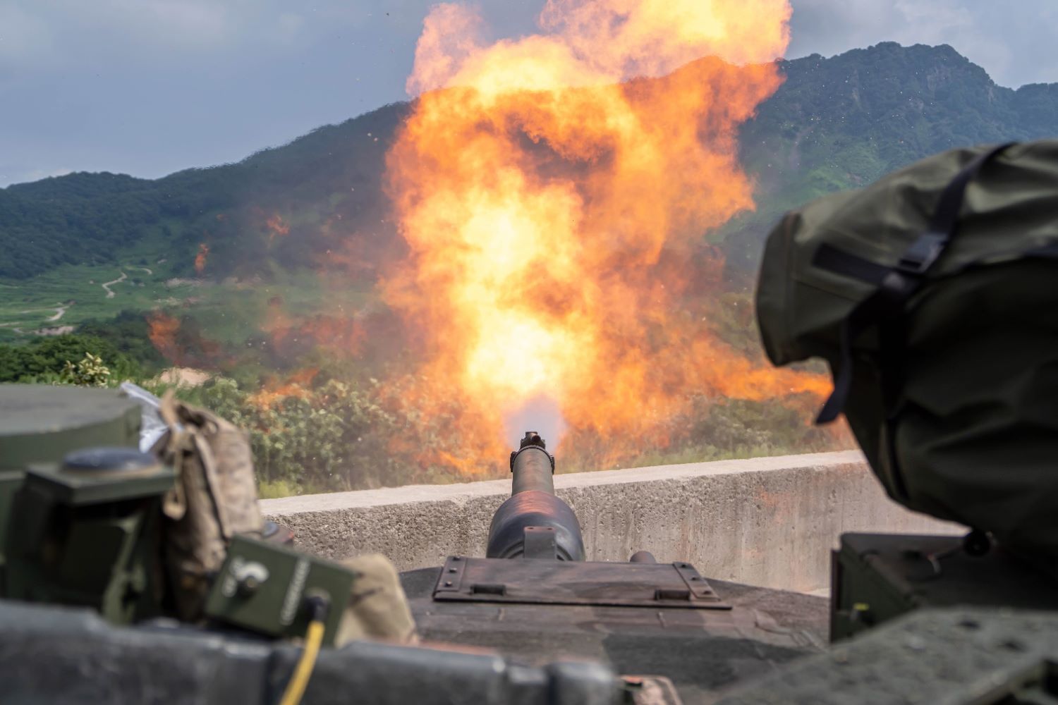 an M1A2 SEP v2 Abrams tank engaged a target during a zero range exercise at Rodriguez Live-Fire Complex, South Korea