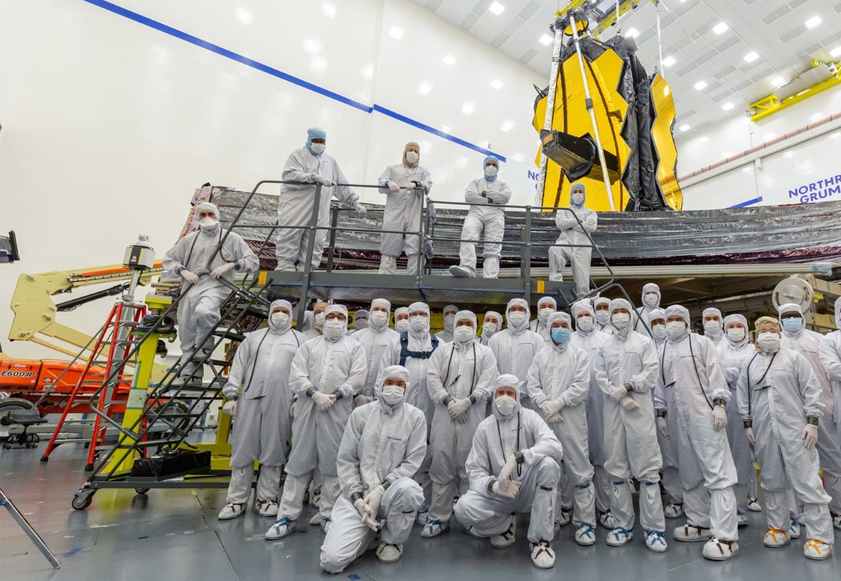 Northrop Grumman employees in protective uniform in a factory