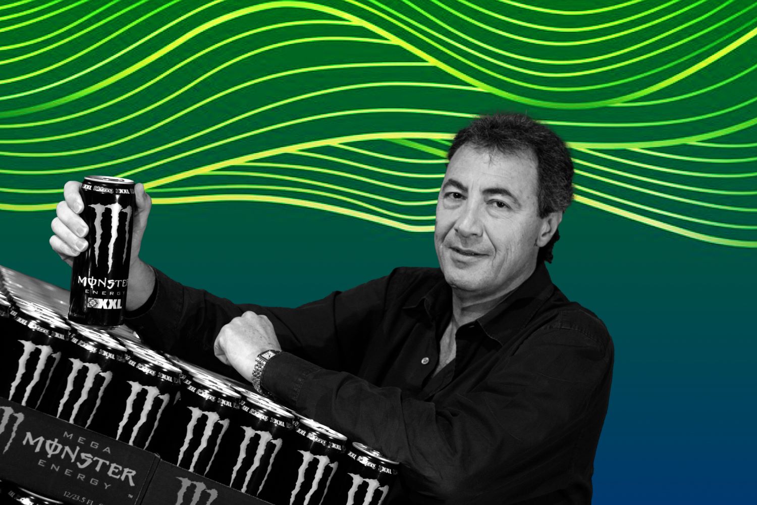 Rodney Sacks near his mainstream product monster energy drink