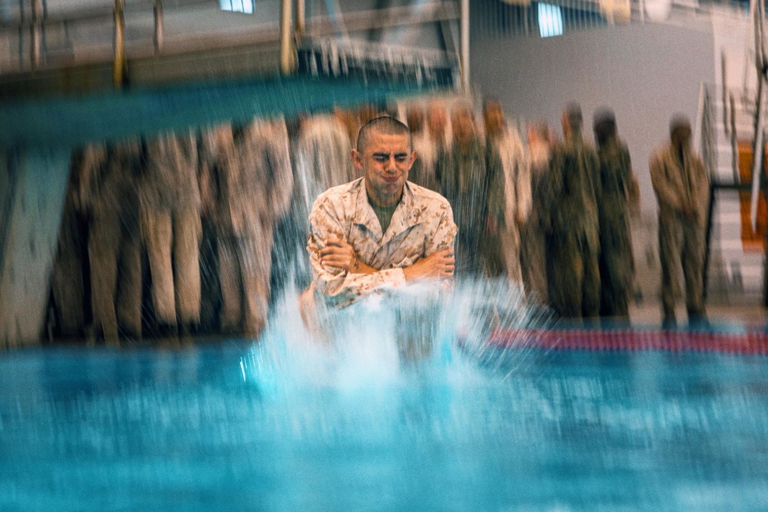 A soldier plunged into the pool