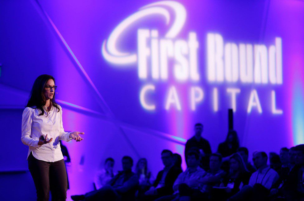 Startup founder pitches at a First Round demo day