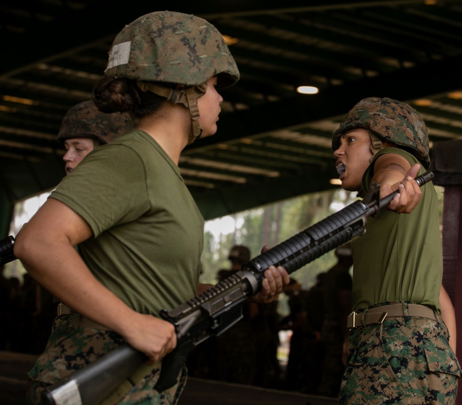 Recruits with November Company, 3rd Recruit Training Battalion, practice Marine Corps Martial Arts Program techniques