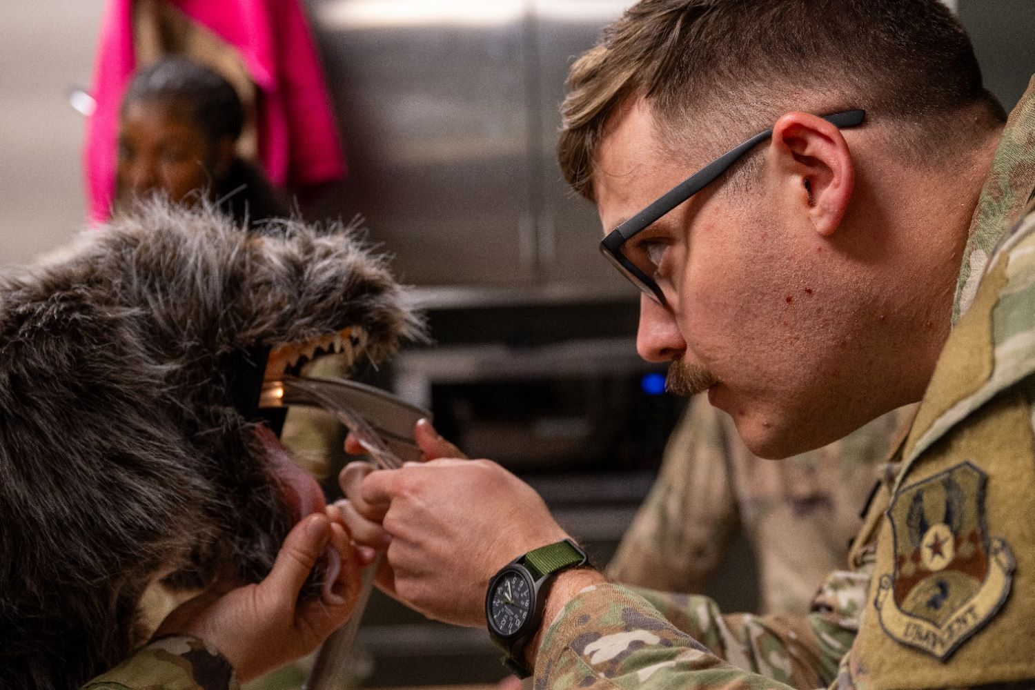 soldier practices inserting a breathing tube into a synthetic military working dog